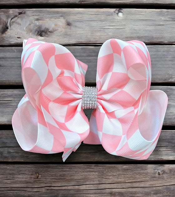 Pink checker printed double layer hair bows. (6.5"wide 4pcs/$10.00) BW-DSG-864