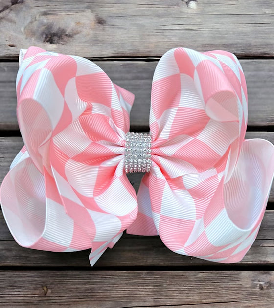 Pink checker printed double layer hair bows. (6.5"wide 4pcs/$10.00) BW-DSG-864
