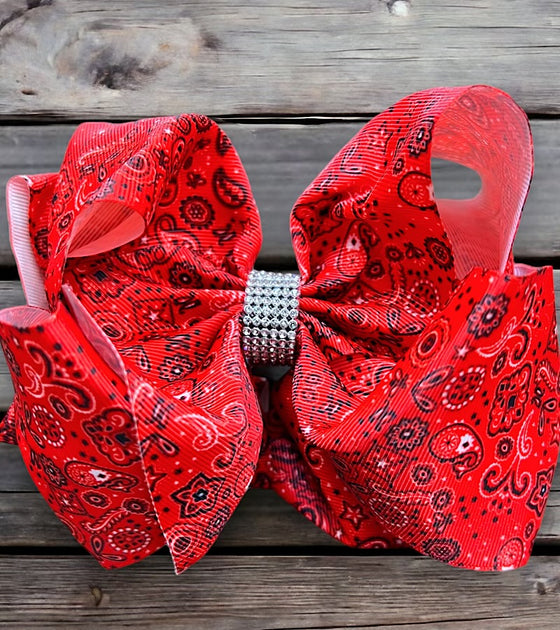 Red paisley printed double layer hair bows. (6.5"wide 4pcs/$10.00) BW-DSG-865