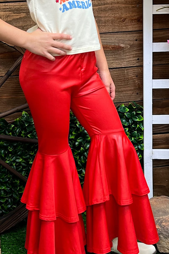 Red faux leather double layer bell pants. PNG25153115 amy