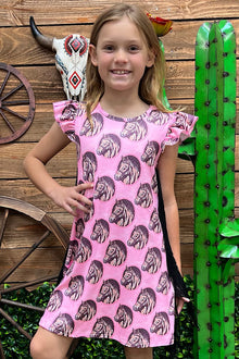  Horse printed on pink dress with side tassels. DRG25113374-JEAN