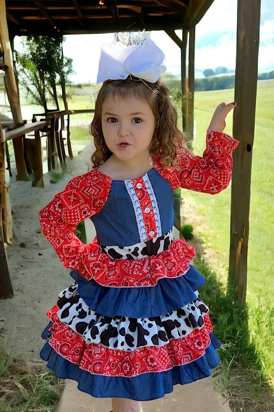🔶Paisley & cow printed ruffle dress.  QZ-950457A-A