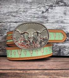  Cactus printed kids belt with longhorn cow buckle. ACG65153006 S