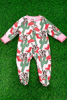  Red cowgirl hat & cactus printed baby onesie with zipper. RPG65113047-WEN