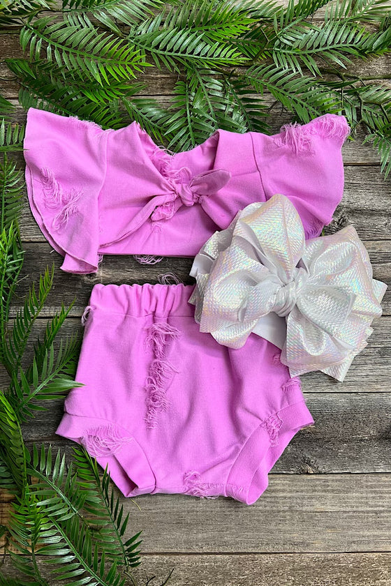 Lilac distressed top with open back & baby bloomers. T-DLH2308K-AMYY