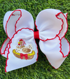5 inch embroidered chicken on white ribbon bow w/ red moon stitch. 4pcs/$12.00 BW-DSG-5131