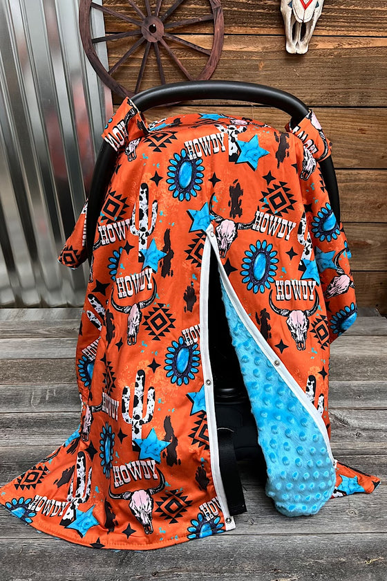 Orange howdy cow skull printed canopy cover. 