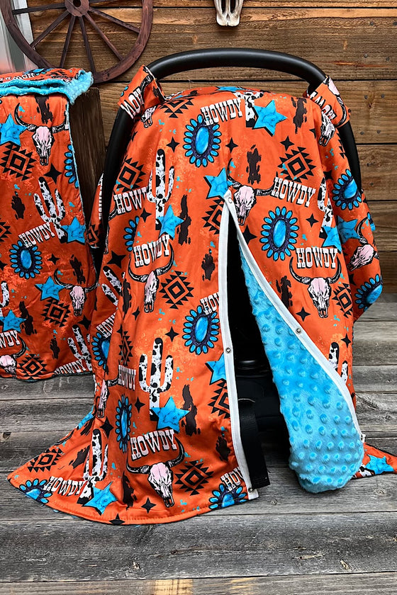 Orange howdy cow skull printed canopy cover. ZYTB25153007 M