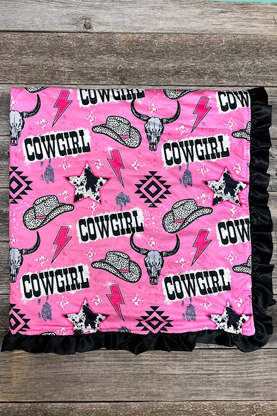 Cow girl printed baby blanket with black ruffle trim (35" by 35") BKG25113022
