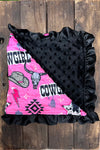 Cow girl printed baby blanket with black ruffle trim (35" by 35") BKG25113022