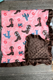  Coral western printed on fuschia baby blanket & aqua ruffle trim (35" by 35") BKB25153014 M