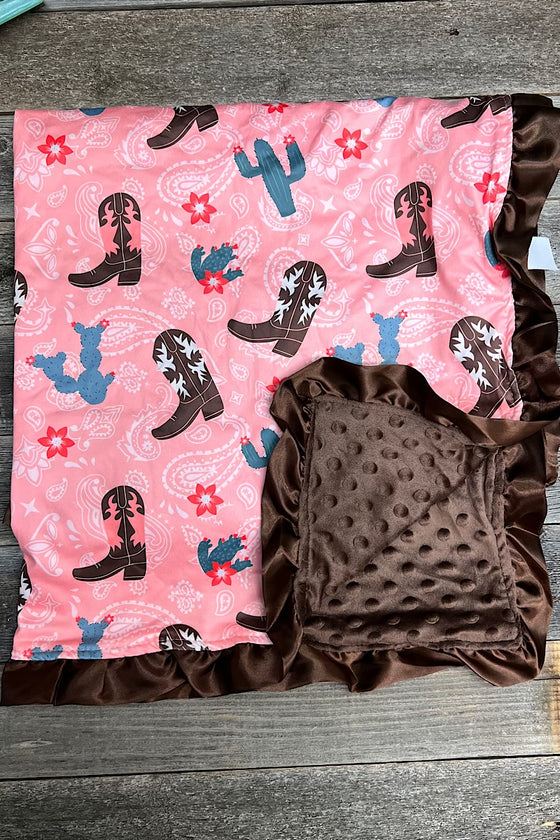 Coral western printed on fuschia baby blanket & aqua ruffle trim (35" by 35") BKB25153014 M