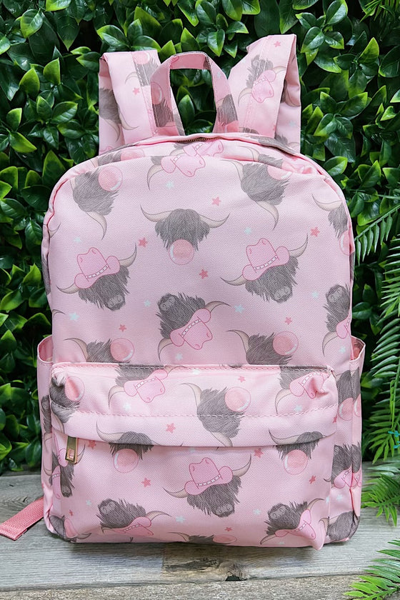Blowing bubble gum highland cow printed Medium size backpack. BP-202323-12