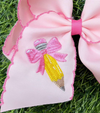 Pink bow w/ pencil embroidery and moon stitch. BW-DSG-5143