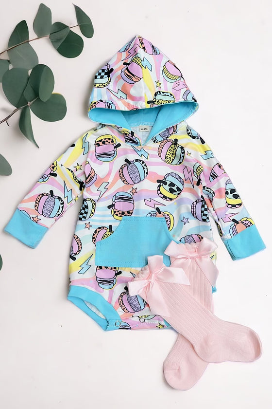 Multi-printed Pumpkin printed baby onesie w/hoodie. LR042602-loi