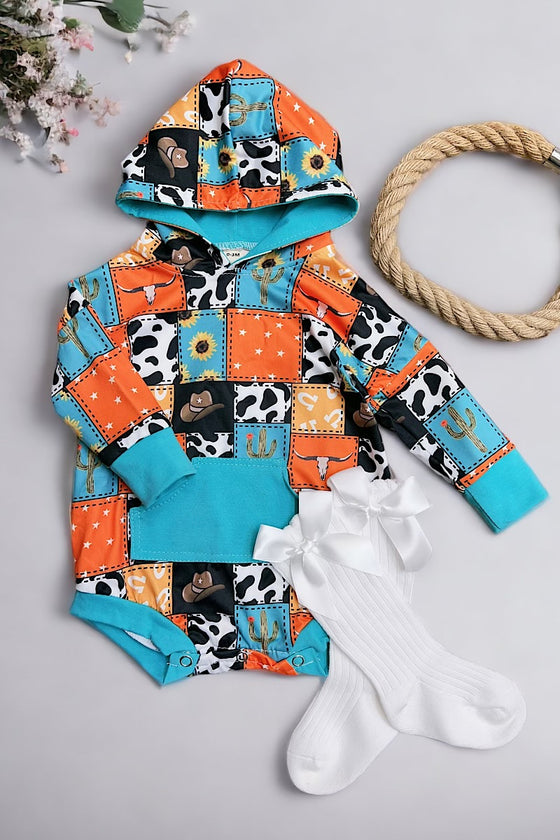 Multi-printed patch baby onesie with hoodie. LR042601-sol
