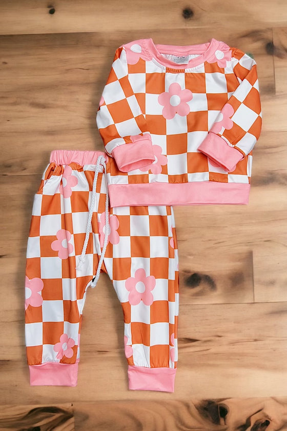 Orange checker & floral printed 2 piece set. OFG65153017-LOI