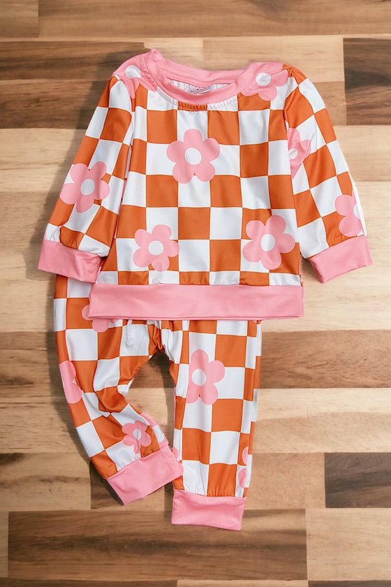 Orange checker & floral printed 2 piece set. OFG65153017-LOI