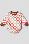Multi-color checker printed long sleeve infant  onesie. RPG65153023-JEANN