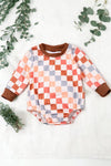 Multi-color checker printed long sleeve infant  onesie. RPG65153023-JEANN