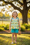 Lemon printed tiered tunic w/ teal shorts. OFG60290 AMY