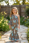 Cheetah printed cold shoulder jumpsuit w/ blue coquette bow. LR112004-JEAN