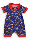 Navy blue western printed baby romper w/ red trim. SR121102-JEAN