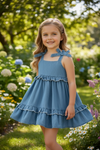 Lt. blue denim dress with ruffle detail. DRG60415 SOL