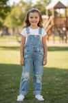 Lt. Blue star bleached denim overalls with distressed detail. PNG50818 AMY