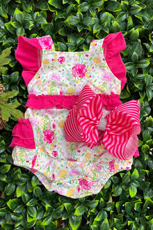  Floral printed baby romper with ruffle hem. SR120803-SOL