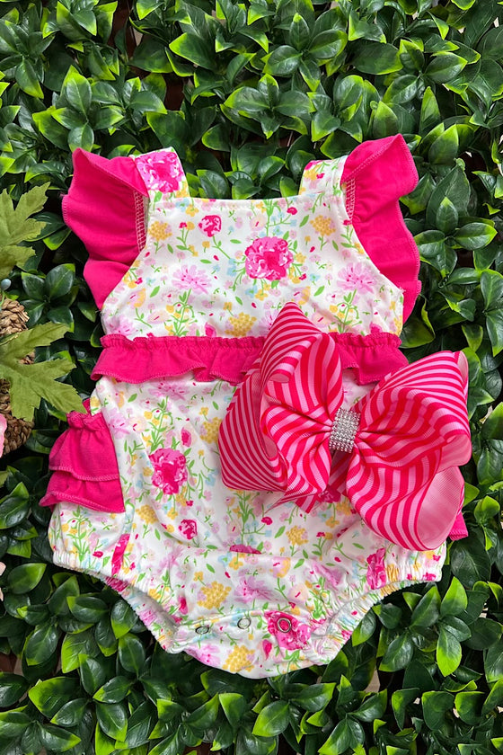 Floral printed baby romper with ruffle hem. SR120803-SOL
