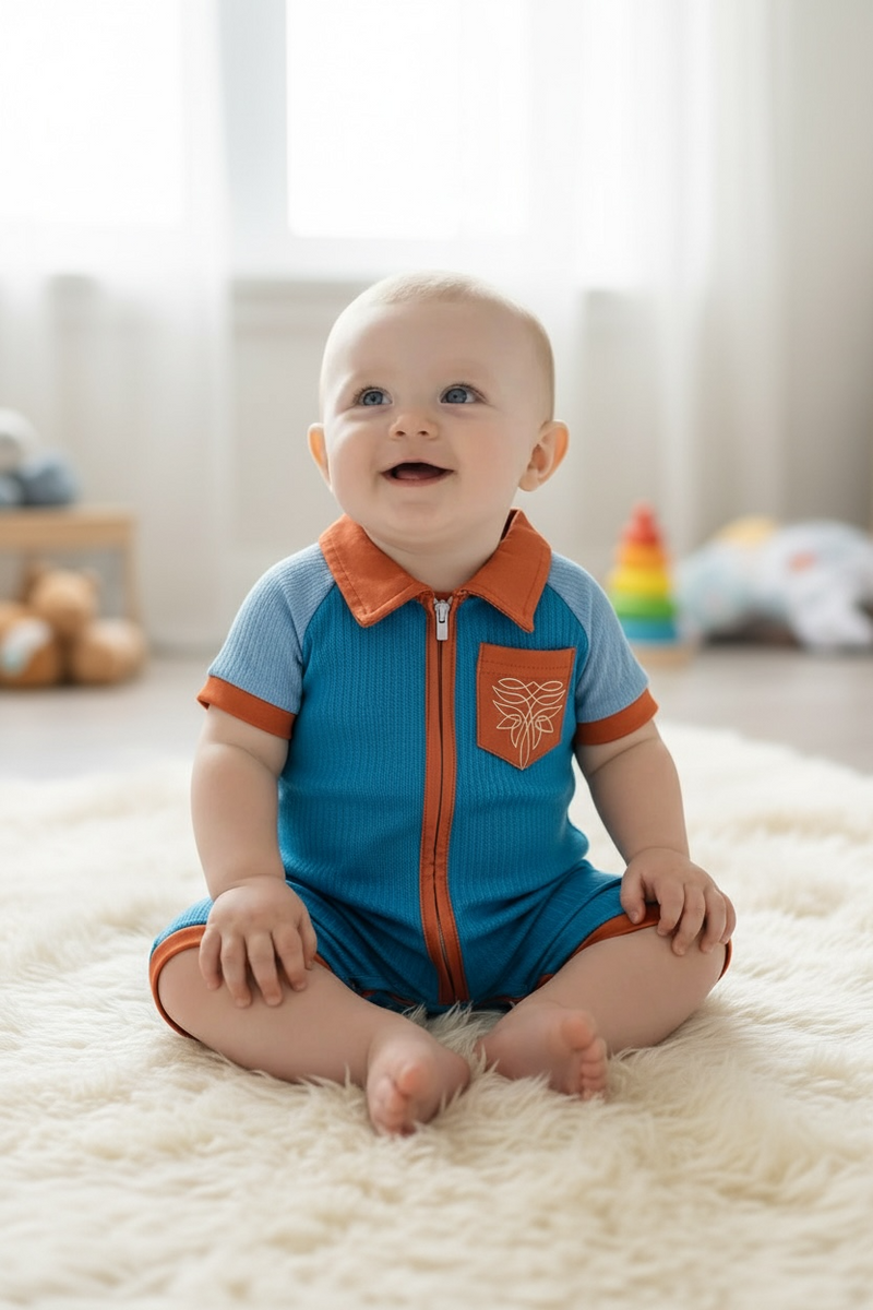 Ribbed fabric blue romper with a front pocket & back pockets. RPB60252 ...