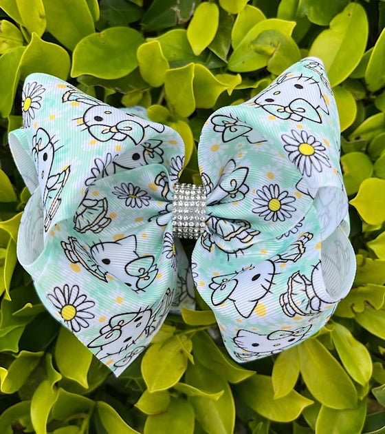 Kitty & daisy printed on mint 6.5" double layer hair bows. 4pcs/$10.00 BW-DSG-983