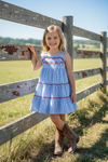Blue gingham patriotic tiered dress. DRG60732 AMY