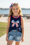 Navy blue patriotic bow printed tank top and denim distressed shorts. OFG60469 AMY