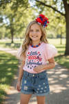 "Little Miss Independent" Pink shirt & denim shorts. OFG60440 SOL