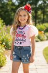 "Little Miss Independent" Pink shirt & denim shorts. OFG60440 SOL