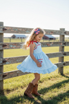 Patriotic front pocket gingham ruffle hem dress. DRG60740 AMY