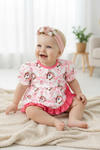 Horseshoe printed baby bodysuit dress with fuchsia ruffle hem. RPG60878 SOL