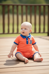 Orange western romper with royal blue hem. RPB60288 SOL