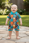 Multi-printed western patch romper with snaps. RPB60291 JEAN