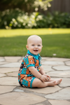 Multi-printed western patch romper with snaps. RPB60291 JEAN
