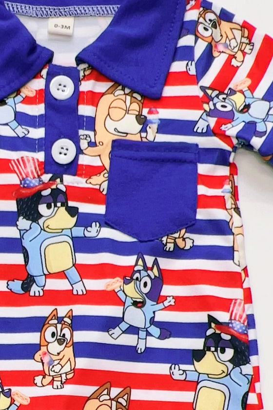 Blu*y patriotic baby romper with snaps.