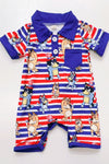 Blu*y patriotic baby romper with snaps.