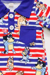 Blu*y patriotic baby romper with snaps.