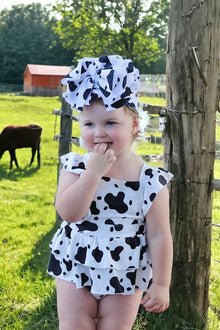  THICK COW SPOTTED PRINT BABY ONESIE W/ SNAPS. (headband is sold separately) L-DLH2351K-JEANN