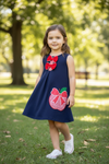 Navy Blue dress with red front bows & apple applique. DRG60968 jean