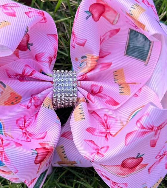 Back to school pink printed double layer hair bows. 4PCS/$10.00 BW-DSG-1041