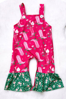  Cowboy boot printed on Fuchsia printed baby romper. SR030702-SOL
