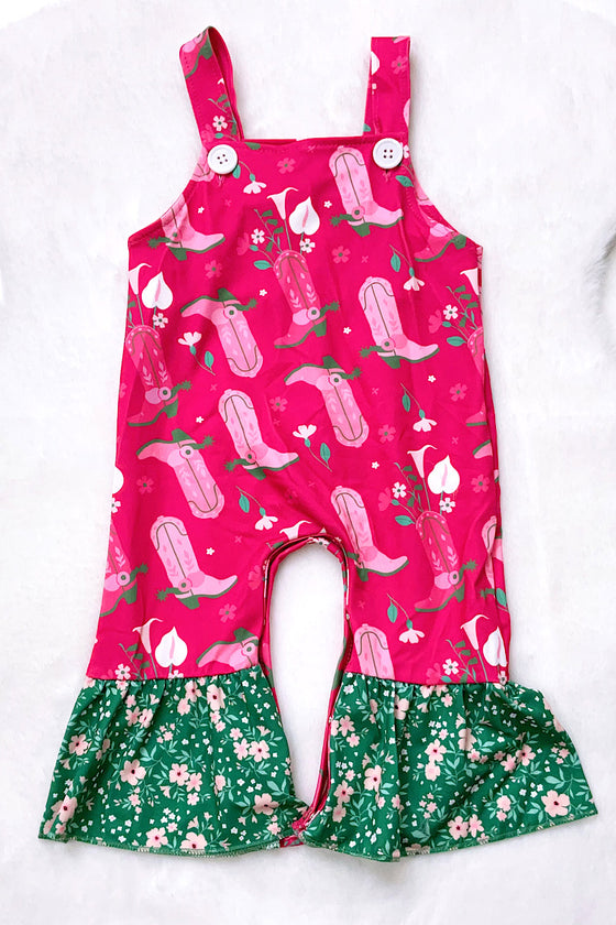 Cowboy boot printed on Fuchsia printed baby romper. SR030702-SOL